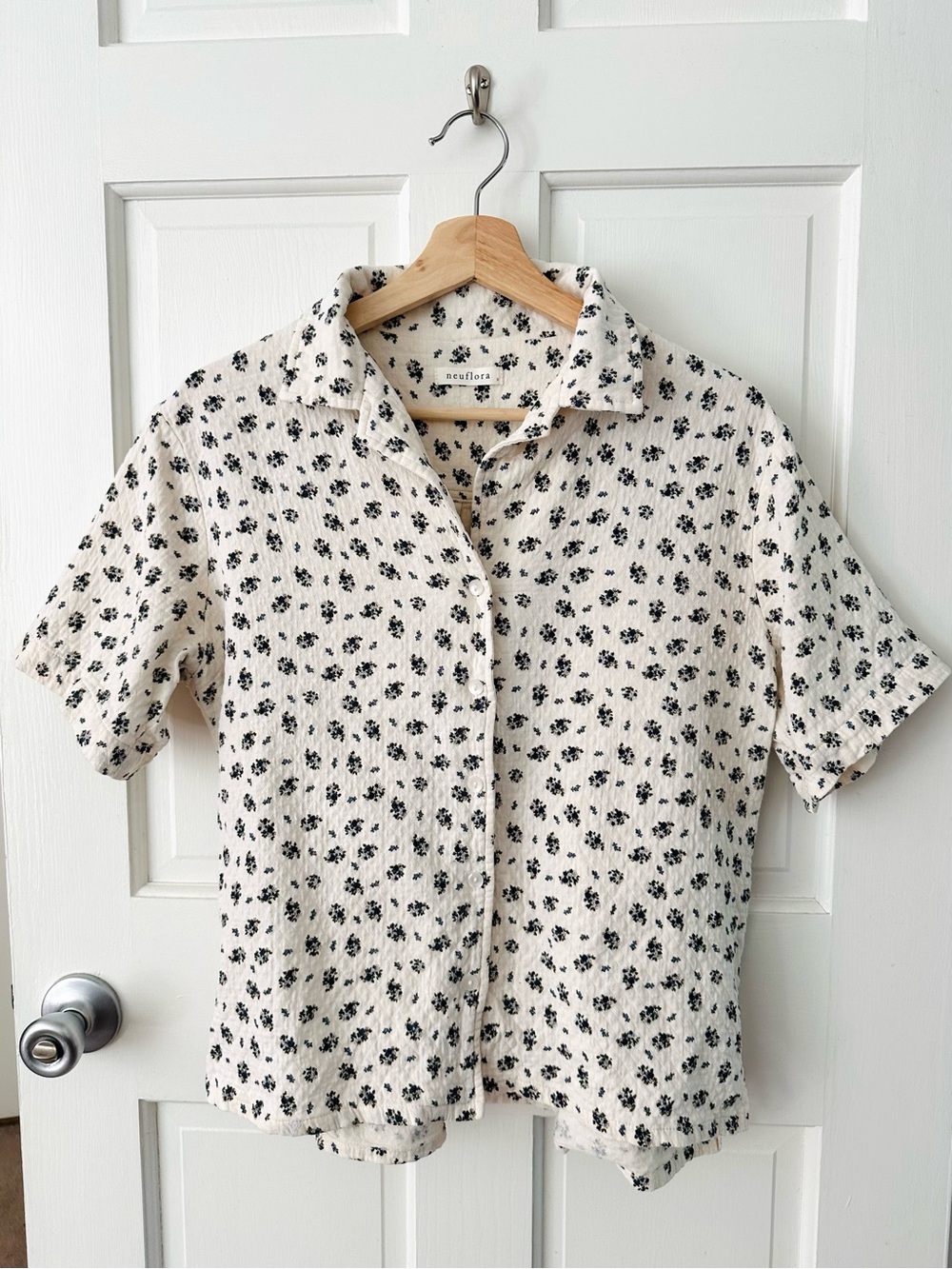 Neuflora Cream Short-Sleeve Ditsy Floral Button-Up Shirt Loungewear Cotton S